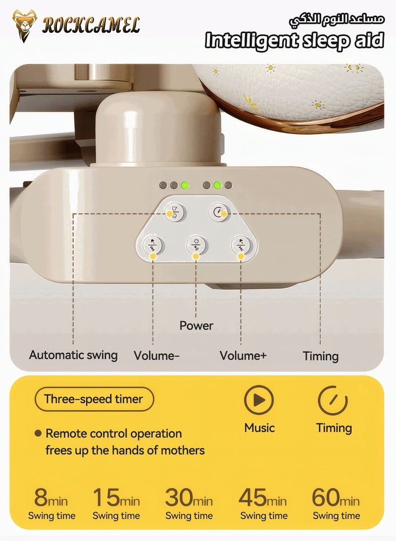 ROCKCAMEL 2-in-1 Electric Baby High Chair & Rocker with Remote Control, 8-Level Rocking Speed & Height Adjustment, Rechargeable Rocking Chair with Wheels, 3-Stage Timer & Music, Foldable Infant Feeding Chair (Khaki) - Image 3